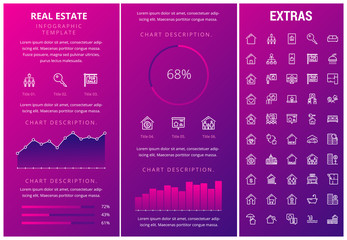 Real estate infographic template, elements and icons. Infograph includes customizable graphs, charts, line icon set with real estate agent, architecture engineering, investment broker, realtor etc.