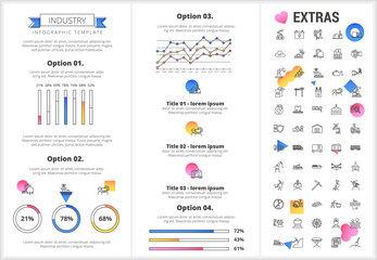 Industry infographic template, elements and icons. Infograph includes customizable graphs, four options, line icon set with mining equipment, fossil fuels, conveyor belt, nuclear power plant etc.
