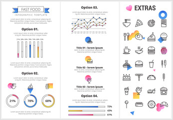 Fast food infographic template, elements and icons. Infograph includes customizable graphs, four options, line icon set with fast food, a piece of pizza, snacks, restaurant meal, unhealthy meal etc.