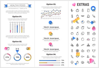 Healthy food infographic template, elements and icons. Infograph includes customizable graphs, four options, line icon set with food plate, restaurant meal ingredients, eat plan, vegetables, meat etc.