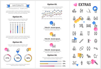 Maternity infographic template, elements and icons. Infograph includes customizable graphs, four options, line icon set with pregnant woman, breast feeding, child care, reproductive technologies etc.
