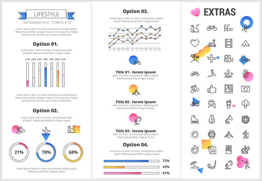 Lifestyle infographic template, elements and icons. Infograph includes customizable graphs, four options, line icon set with healthy food, sport exercise, training machine, leisure activities etc.