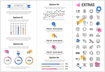Fototapeta na wymiar Startup infographic template, elements and icons. Infograph includes customizable graphs, four options, line icon set with startup rocket, business launch, network technology, internet connection etc.