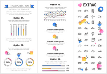 Transportation infographic template, elements and icons. Infograph includes customizable graphs, four options, line icon set with transport vehicle, truck trailer, airplane flight, car, train etc.