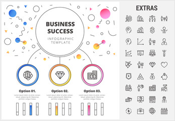 Business circle infographic template, elements and icons. Infograph includes customizable bar charts, line icon set with business worker, successful businessman, corporate leader, conference etc.