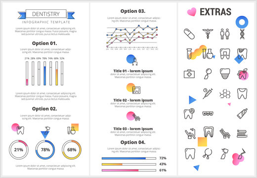 Dentistry infographic template, elements and icons. Infograph includes customizable graphs, four options, line icon set with dentist tools, dental care, tooth decay, teeth health, medicine chest etc.