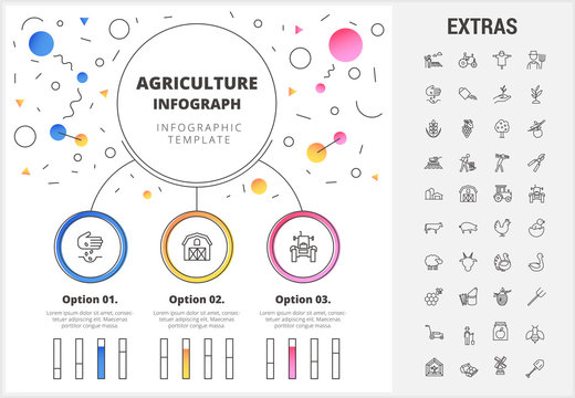 Agriculture circle infographic template, elements and icons. Infograph includes customizable bar charts, line icon set with agriculture food, farm animal, agricultural business, farming tools etc.