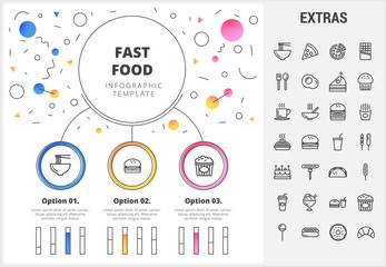 Fototapeta na wymiar Fast food circle infographic template, elements and icons. Infograph includes customizable bar charts, line icon set with fast food, a piece of pizza, snacks, restaurant meal, unhealthy meal etc.