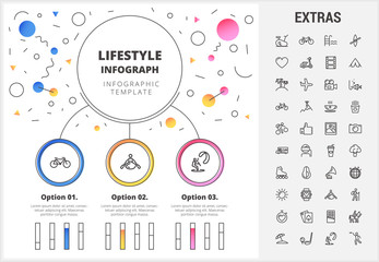 Lifestyle circle infographic template, elements and icons. Infograph includes customizable bar charts, graphs, line icon set with healthy food, sport exercise, training machine, leisure activities etc