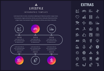 Lifestyle timeline infographic template, elements and icons. Infograph includes line icon set with healthy and fast food, sport exercise, training machine, leisure activities, transport vehicle etc.