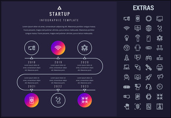 Startup timeline infographic template, elements and icons. Infograph includes years, line icon set with startup rocket, business launch, network technology, internet connection, satellite etc.