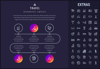 Travel timeline infographic template, elements and icons. Infograph includes years, line icon set with tourist attraction, luggage cart, travel planning, holiday vacation, hotel accommodation etc.