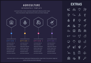 Agriculture options infographic template, elements and icons. Infograph includes four options, line icon set with agriculture food, farm animal, agricultural business, farming tools, organic fruit etc