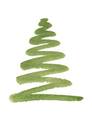 Illustration of a beautiful green Christmas tree painted with watercolors against white background