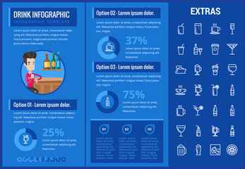 Drink infographic template, elements and icons. Infograph includes customizable graphs, charts, line icon set with bar drinks, alcohol beverage, variety of glasses, non-alcoholic beverages etc.