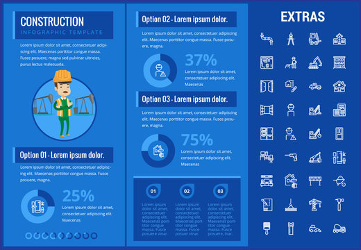 Construction infographic template, elements and icons. Infograph includes customizable graphs, charts, line icon set with construction worker, builder tools, repair person, house building etc.