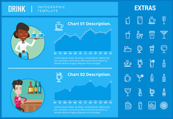 Drink infographic template, elements and icons. Infograph includes customizable charts, graphs, line icon set with bar drinks, alcohol beverage, variety of glasses, non-alcoholic beverages etc.