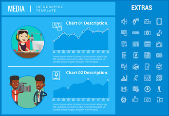 Media infographic template, elements and icons. Infograph includes customizable graphs, charts, line icon set with social media, user profile, broadcast media, music record, telecommunication etc.