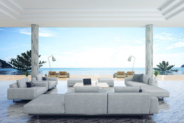 Naklejka na ściany i meble 3d rendering : illustration of interior living room and swimming pool in house or resort. Beach living with Sea view. white modern interior furnish decoration style. soft light color picture style