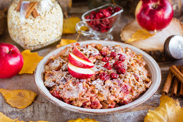 Oat flakes baked with apple, cherry and cinnamon. Ingredients for oatmeal preparation