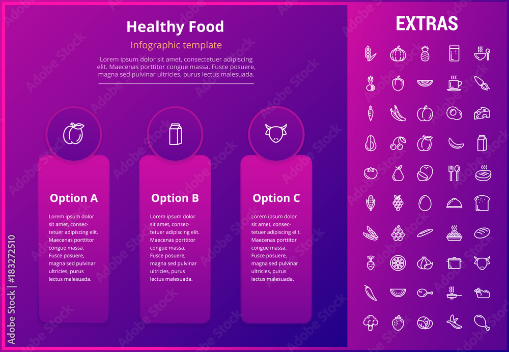 Canvas Prints Healthy food options infographic template, elements and icons. Infograph includes line icon set with food plate, restaurant meal ingredients, eat plan, healthy fruits and vegetables, milk product etc.