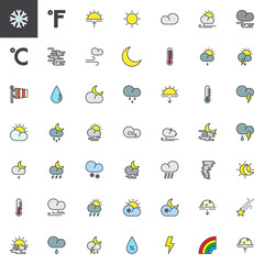 Meteorology weather and forecast universal filled outline icons set, line vector symbol collection, linear colorful pictogram pack. Signs, logo illustration, Set includes icons as cloud, moon, snow