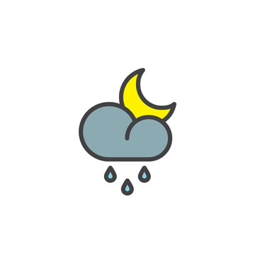 Rainy cloud and crescent filled outline icon, line vector sign, linear colorful pictogram isolated on white.  Night rain weather symbol, logo illustration. Pixel perfect vector graphics