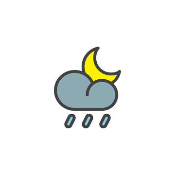 Heavy rain cloud and crescent filled outline icon, line vector sign, linear colorful pictogram isolated on white. Rainy night weather symbol, logo illustration. Pixel perfect vector graphics