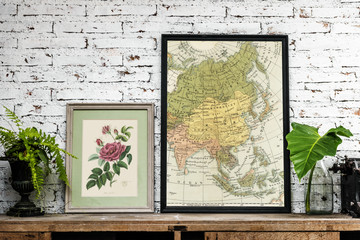 Framed images of flower and world map