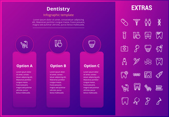 Dentistry options infographic template, elements and icons. Infograph includes line icon set with dentist tools, dental care, tooth decay, teeth health, medicine chest, healthcare professional etc.