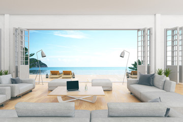 Fototapeta na wymiar 3d rendering : illustration of interior living room and swimming pool in house or resort. Beach living with Sea view. white modern interior furnish decoration style. soft light color picture style