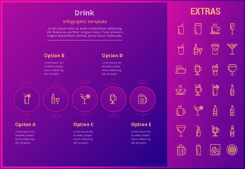 Drink options infographic template, elements and icons. Infograph includes line icon set with bar drinks, alcohol beverages, hot drinks, variety of glasses and bottles, non-alcoholic beverages etc.