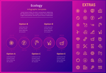 Ecology options infographic template, elements and icons. Infograph includes line icon set with resources of green energy, environmental cycle, water and sun power, oil rig, nuclear power plant etc.