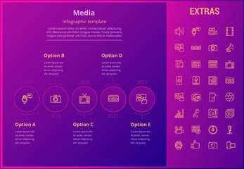 Media options infographic template, elements and icons. Infograph includes line icon set with global social media, user profile, tv broadcast, music note, microphone, vinyl record, video camera etc.