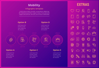 Mobility option infographic template, elements and icons. Infograph includes line icon set with mobile technology, smartphone app, cloud computing, fingerprint scanner, navigation satellite system etc