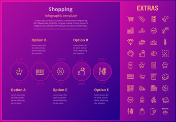 Shopping options infographic template, elements and icons. Infograph includes line icon set with shopping cart, online store, mobile shop, price tag, retail business, cash machine, credit card etc.