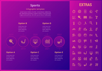 Sports options infographic template, elements and icons. Infograph includes line icon set with sport equipment, sports field, competitive games, pedestal, leisure activities, training exercise etc.