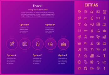 Travel options infographic template, elements and icons. Infograph includes line icon set with tourist attraction, luggage cart, travel planning, holiday vacation, traveler, hotel accommodation etc.