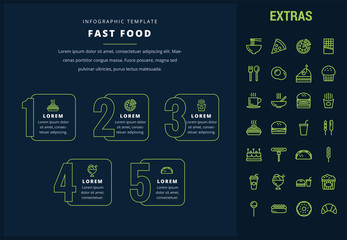 Fast food options infographic template, elements and icons. Infograph includes line icon set with fast food, pizza, sweet snacks, restaurant meal, unhealthy nutrition, kitchen utensils, taco etc.