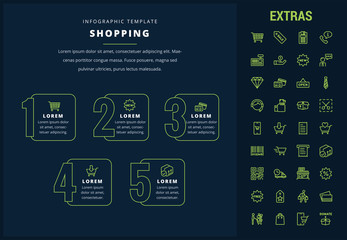 Shopping options infographic template, elements and icons. Infograph includes line icon set with shopping cart, online store, mobile shop, price tag, retail business, cash machine, credit card etc.
