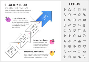Healthy food timeline infographic template, elements and icons. Infograph includes arrow stages with years, line icon set with food plate, restaurant meal ingredients, eat plan, healthy vegetables etc