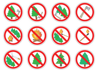 Set of prohibition signs of action in forest, vector