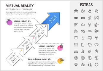 Virtual reality timeline infographic template, elements and icons. Infograph includes stages with years, line icon set with virtual reality glasses, vr technology, cloud computing, global network etc.