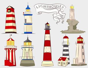 Lighthouses illustrations set. Eight type of ligthouses: wooden, stown, tower.