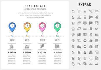 Real estate timeline infographic template, elements and icons. Infograph includes options with year, line icon set with real estate agent, architecture engineering, investment broker, family house etc