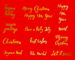 Merry Christmas. Happy New Year, 2018 greeting card. Typography xmas set with hand drawn text and design decoration elements. Vector logo, lettering, emblems for banners, greeting cards, gifts. Gold.
