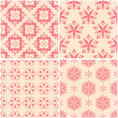 Floral patterns. Set of beige and red seamless backgrounds