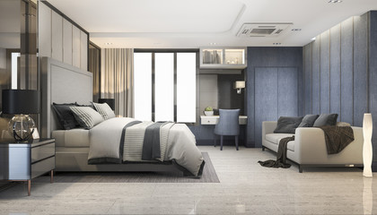 3d rendering blue modern luxury bedroom suite in hotel