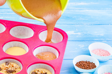 Pouring cake into silicone mold