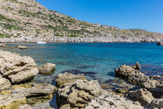 The Anthony Quinn beach was made famous by the film The Guns of Navarone that was filmed here. Rhodes, Greece.